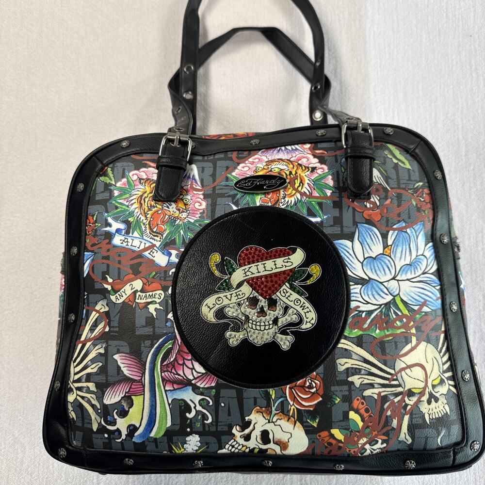 Ed Hardy Women's Y2K Satchel Weekender Bag Handbag Purse Tattoo Art Black